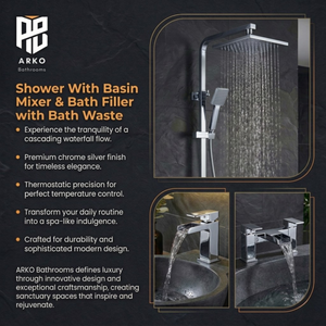 ARKO Waterfall Basin Mixer Tap, Bath Filler & Thermostatic Mixer Shower Set with Bath Waste – Chrome