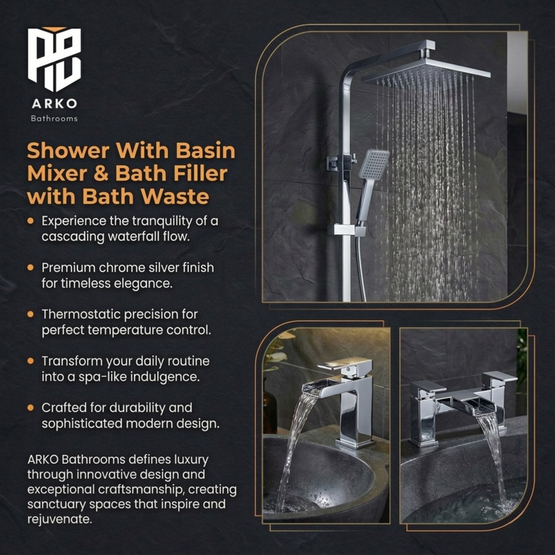 ARKO Waterfall Basin Mixer Tap, Bath Filler & Thermostatic Mixer Shower Set with Bath Waste – Chrome