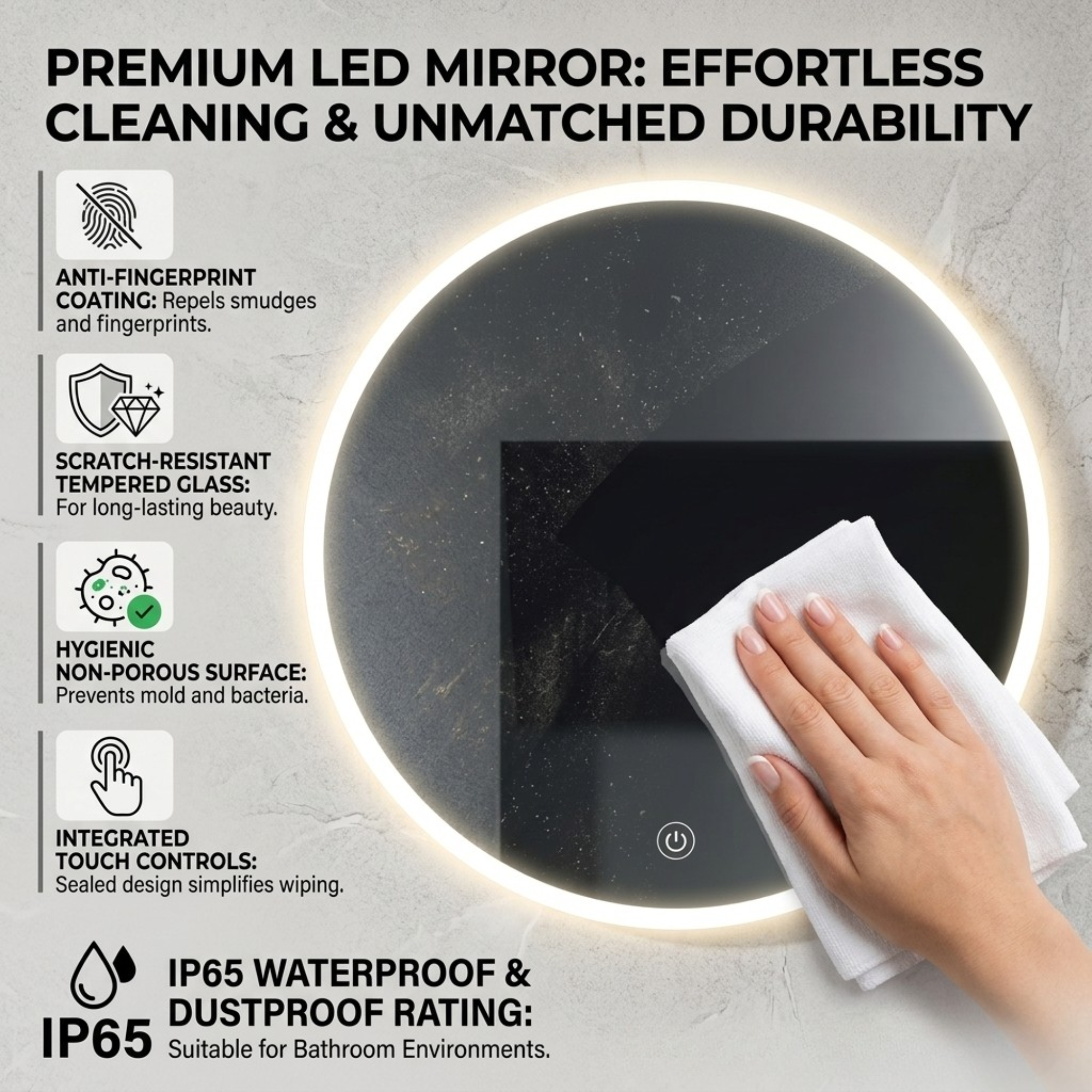 Arko Bathroom Mirror with LED Lights 600x600mm - Wall Mounted Vanity Large Round Mirror - Illuminated LED mirror