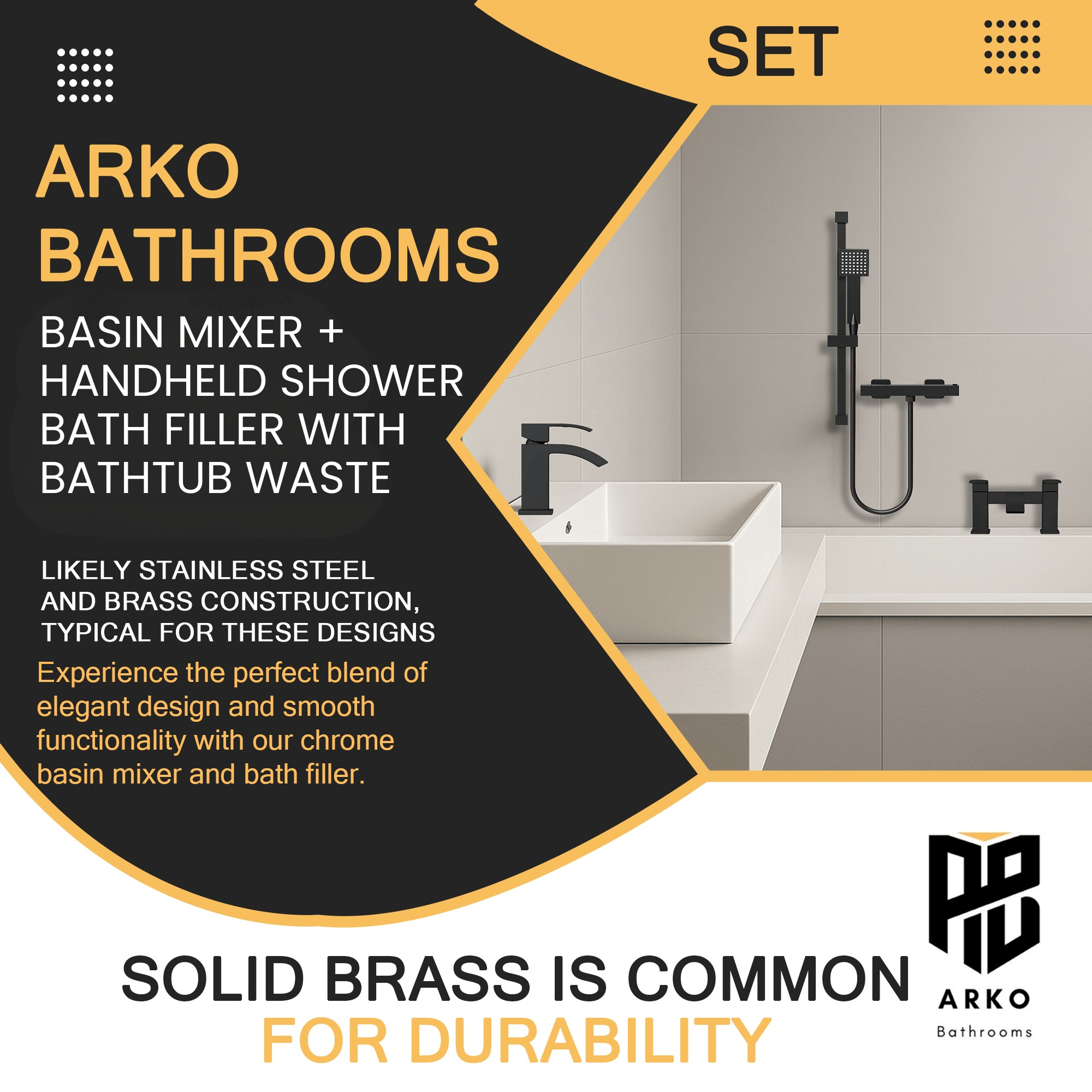ARKO Vista Basin Mixer Tap, Bath Filler & Handheld Shower Set with Bath Waste – Black