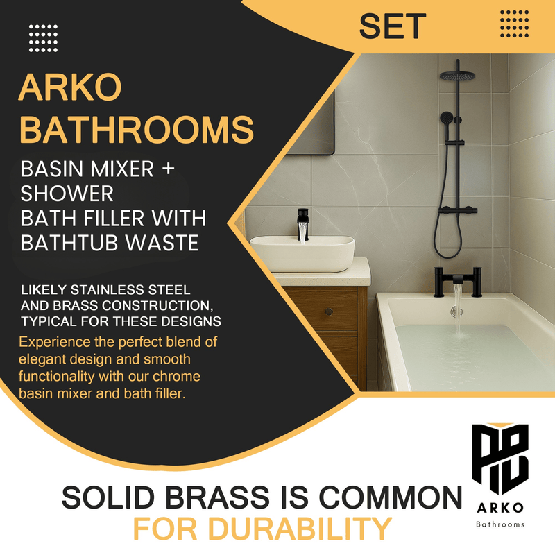 ARKO Capri Basin Mixer Tap, Bath Filler & Thermostatic Mixer Shower Set with Bath Waste – Black