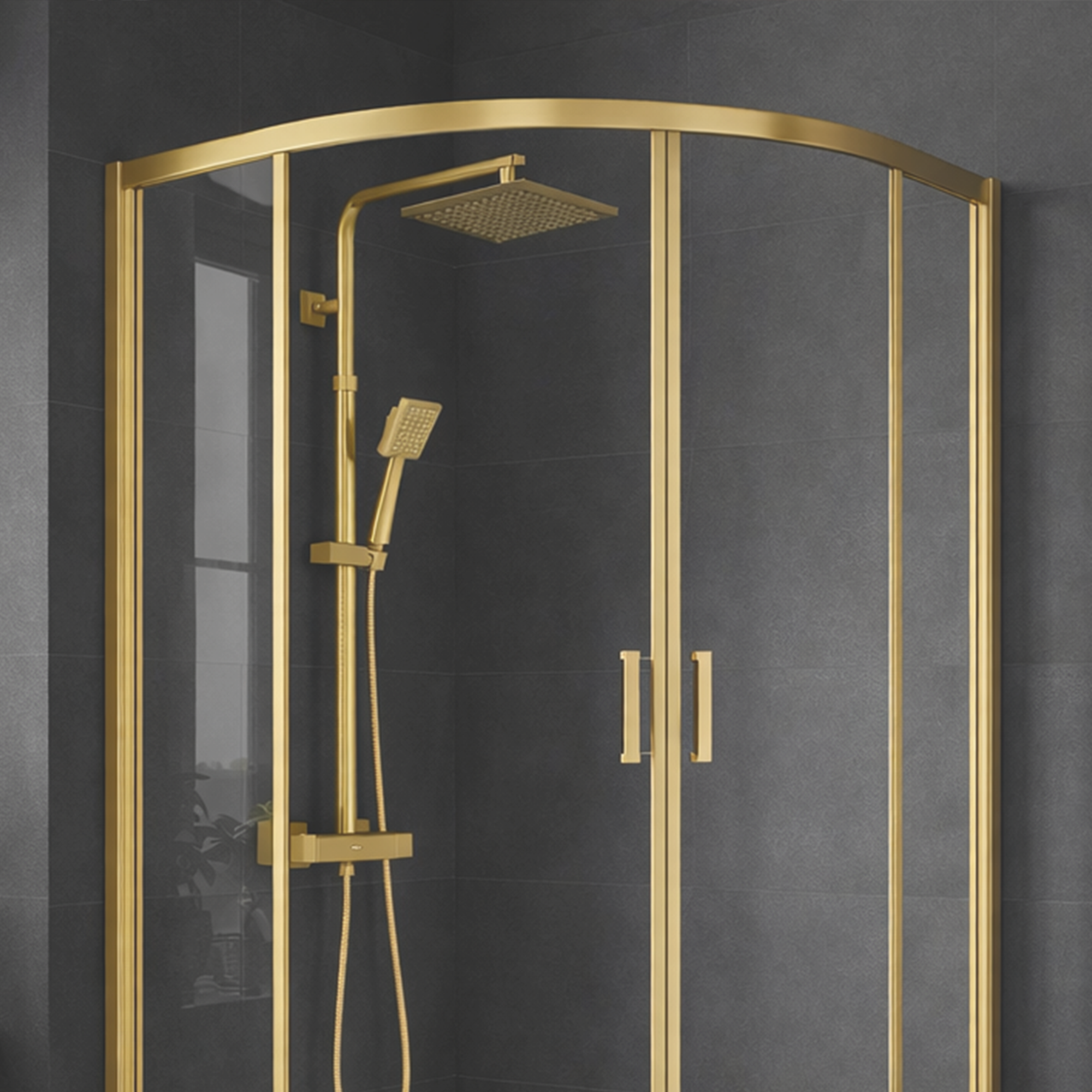 ARKO Round Rainfall Shower System with Handheld Spray & Curved Glass Sliding Shower Enclosure - Brass