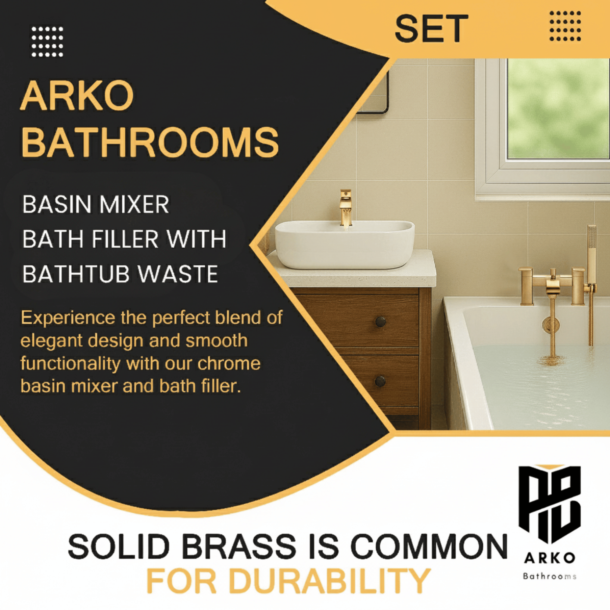 Arko Vista Basin Mixer Tap & Bath Shower Set with Bath Waste – Brass