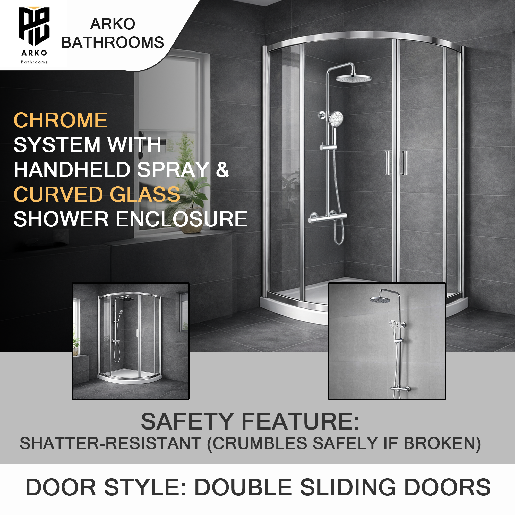 ARKO Round Rainfall Shower System with Handheld Spray & Curved Glass Sliding Shower Enclosure with Tray  - Chrome