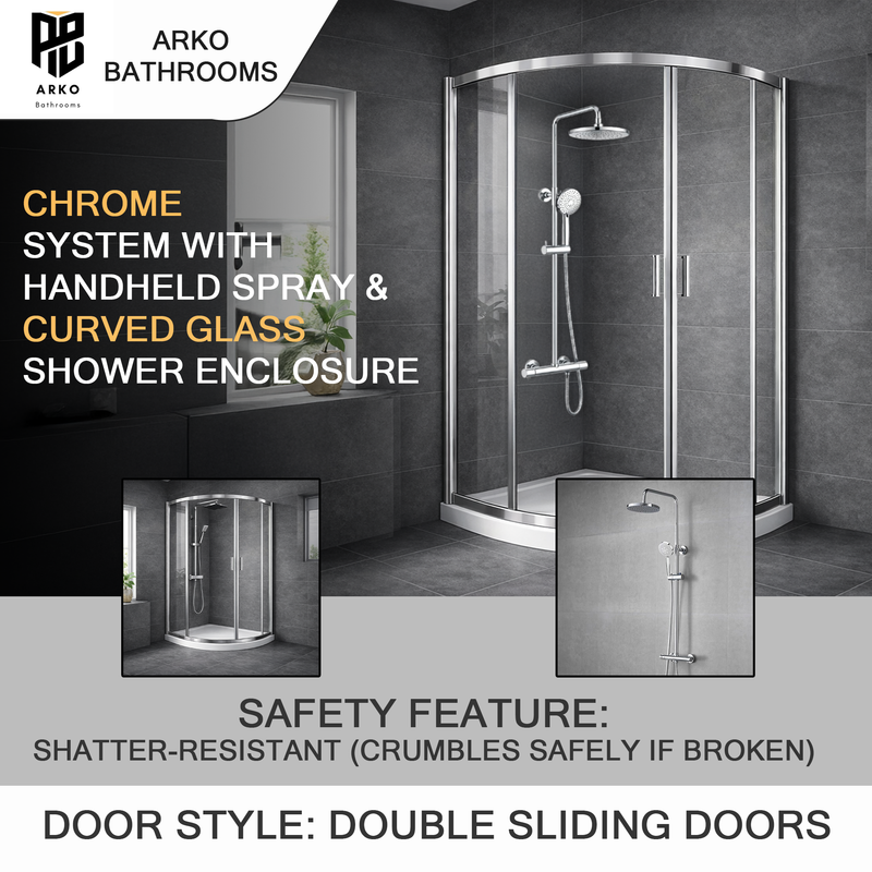 ARKO Round Rainfall Shower System with Handheld Spray & Curved Glass Sliding Shower Enclosure with Tray  - Chrome