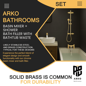 ARKO Capri Basin Mixer Tap, Bath Filler & Thermostatic Mixer Shower Set with Bath Waste – Brass