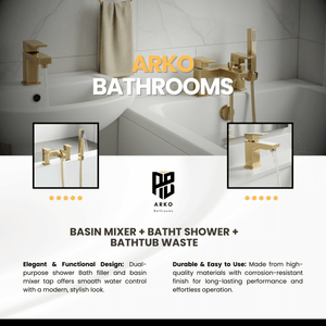 Arko Waterfall Basin Mixer Tap & Bath Shower Set with Bath Waste – Brass