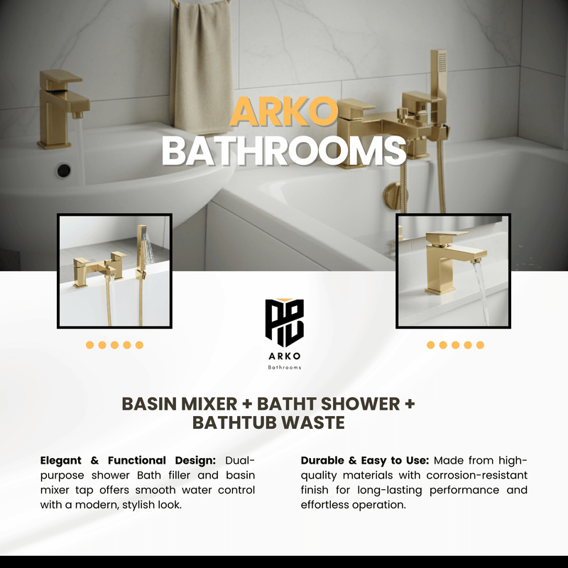 Arko Waterfall Basin Mixer Tap & Bath Shower Set with Bath Waste – Brass