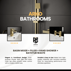 ARKO Waterfall Basin Mixer Tap, Bath Filler & Handheld Shower Set with Bath Waste – Brass
