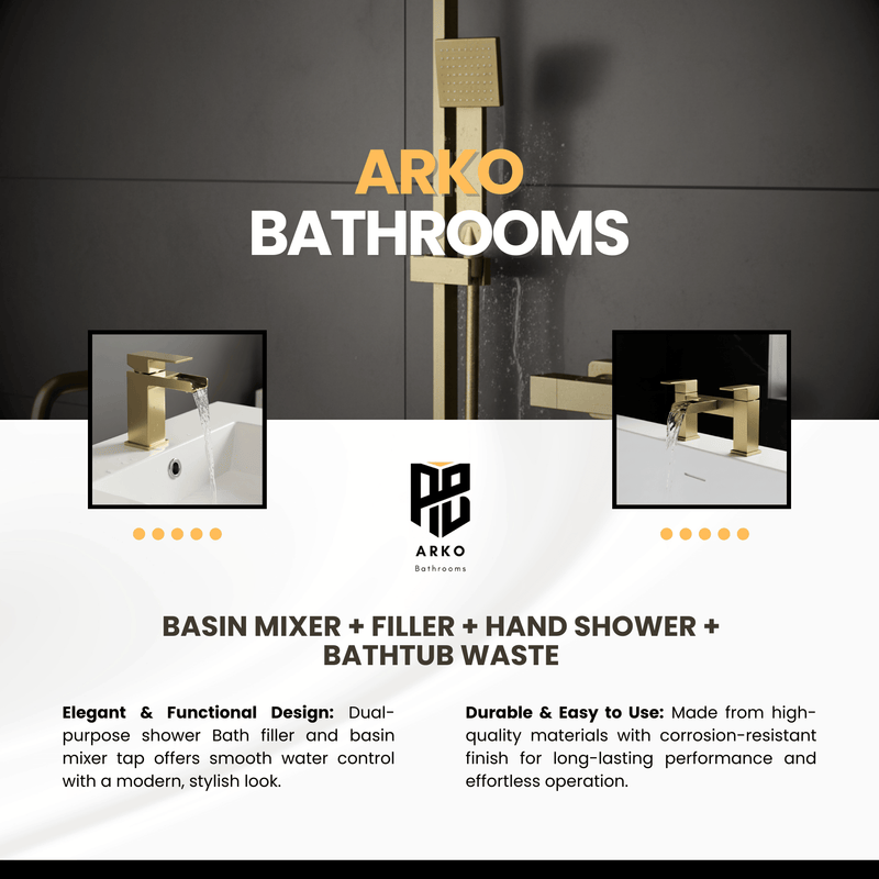 ARKO Waterfall Basin Mixer Tap, Bath Filler & Handheld Shower Set with Bath Waste – Brass
