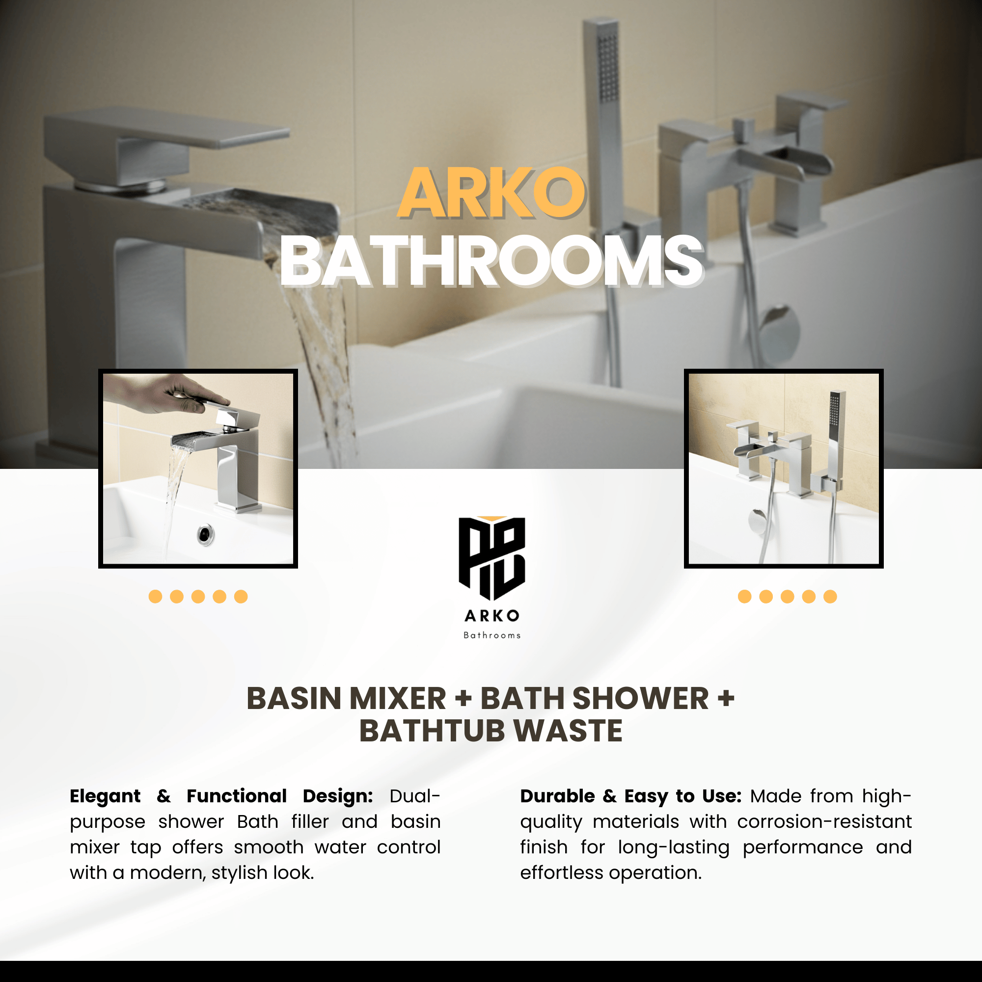 Arko Waterfall Basin Mixer Tap & Bath Shower Set with Bath Waste – Chrome