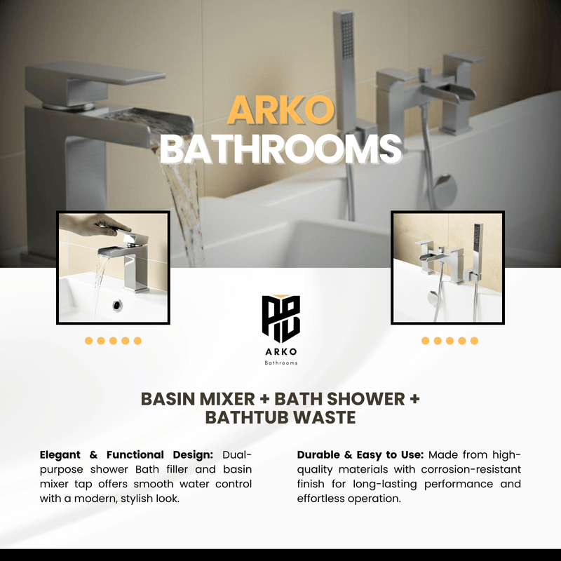 Arko Waterfall Basin Mixer Tap & Bath Shower Set with Bath Waste – Chrome