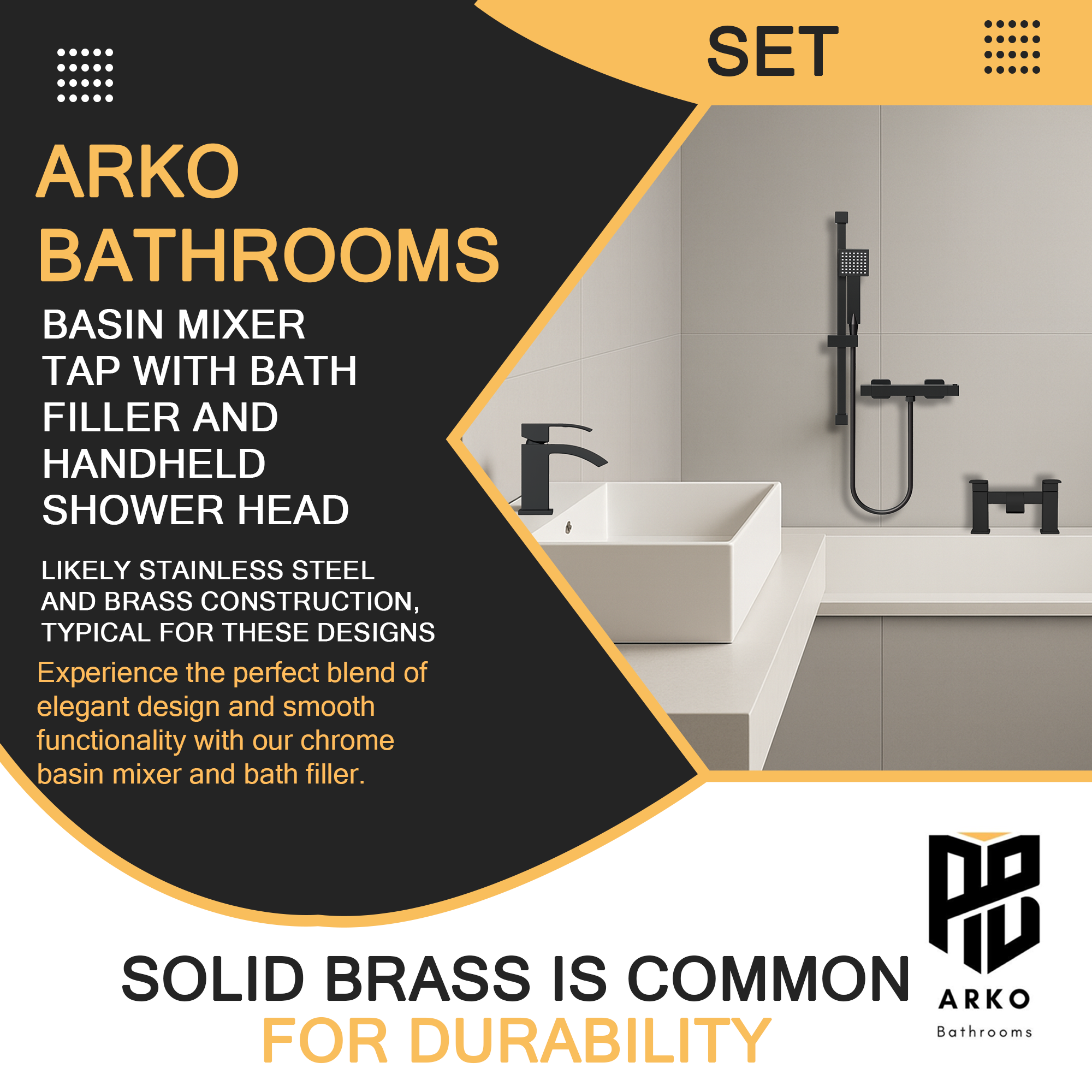 ARKO Vista Bath Filler & Hand Shower Set – Black