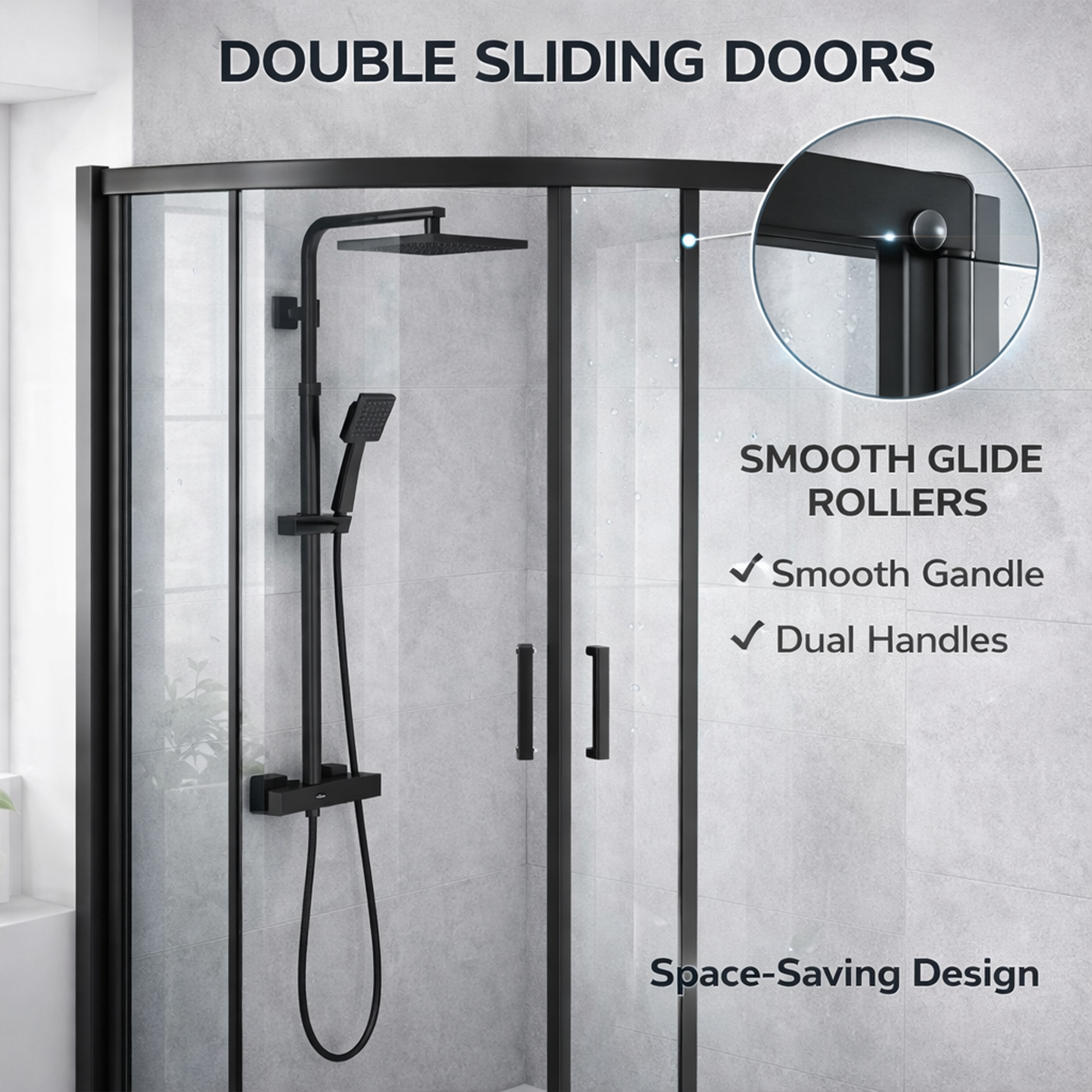 ARKO Square Rainfall Shower System with Handheld Spray & Curved Glass Sliding Shower Enclosure with Waste  - Matte Black
