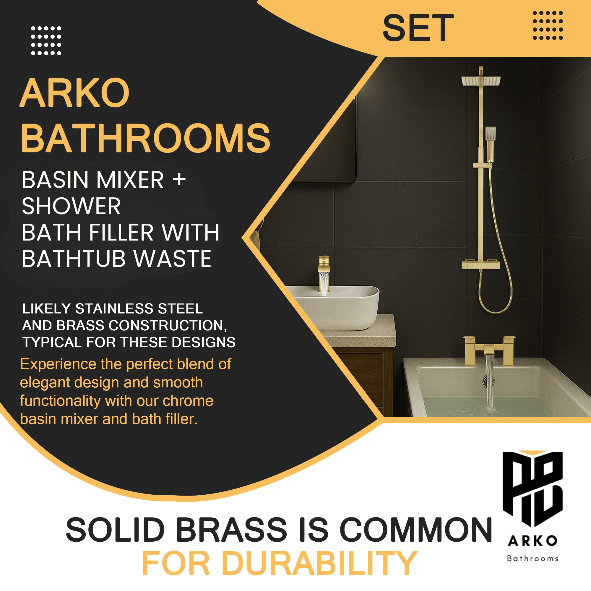 ARKO Vista Basin Mixer Tap, Bath Filler & Thermostatic Mixer Shower Set with Bath Waste – Brass