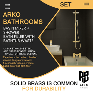 ARKO Vista Basin Mixer Tap, Bath Filler & Thermostatic Mixer Shower Set with Bath Waste – Brass