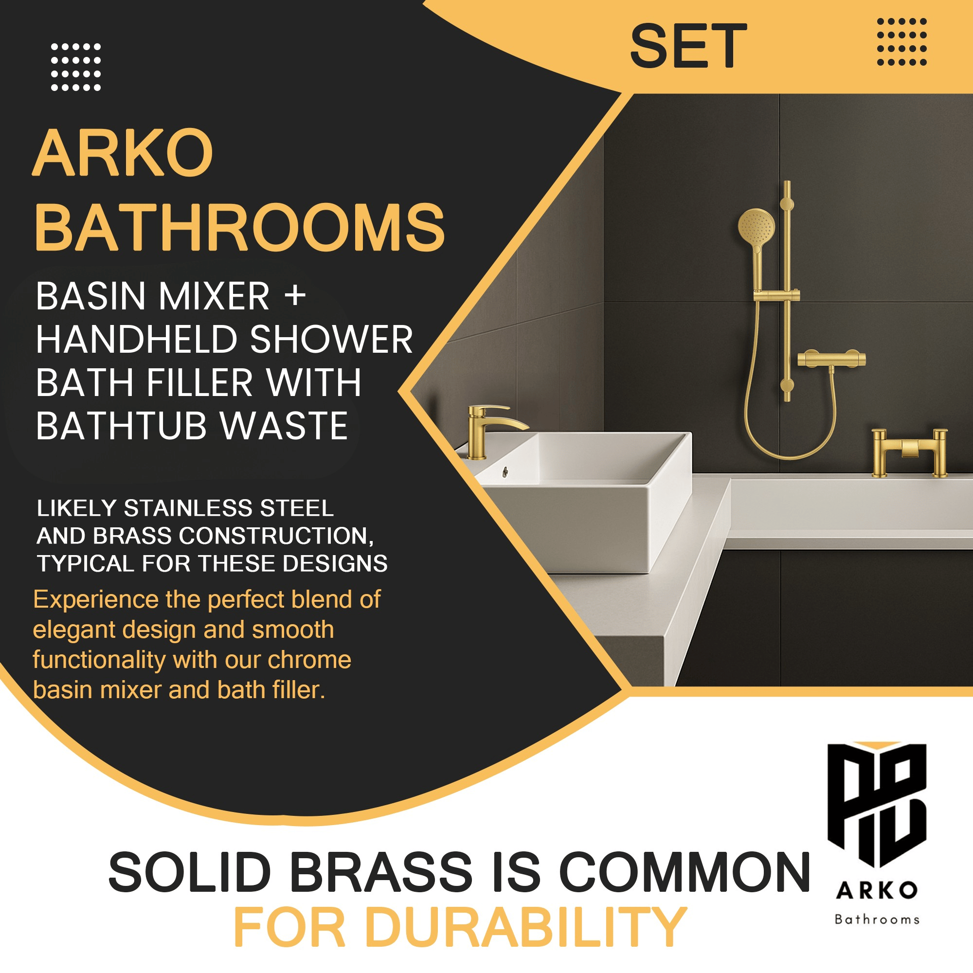 ARKO Capri Basin Mixer Tap, Bath Filler & Handheld Shower Set with Bath Waste – Brass