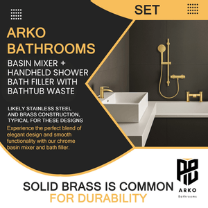 ARKO Capri Basin Mixer Tap, Bath Filler & Handheld Shower Set with Bath Waste – Brass