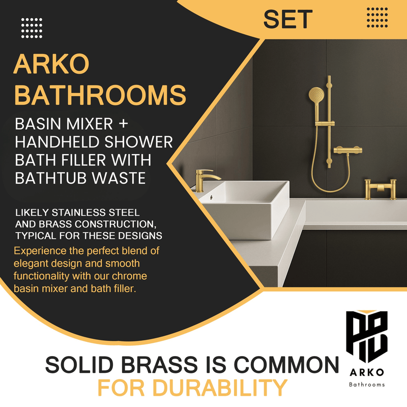 ARKO Capri Basin Mixer Tap, Bath Filler & Handheld Shower Set with Bath Waste – Brass