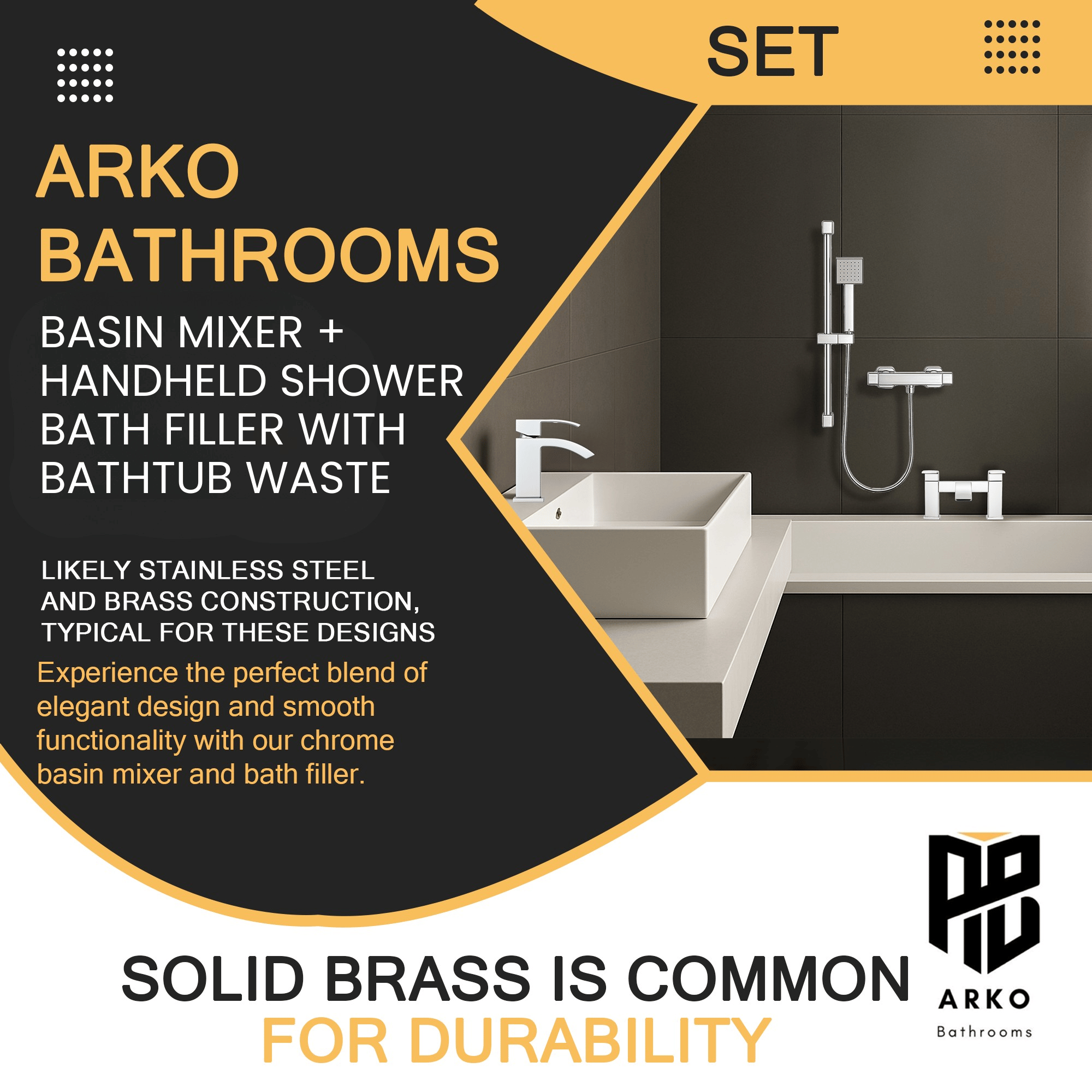 ARKO Vista Basin Mixer Tap, Bath Filler & Handheld Shower Set with Bath Waste – Chrome