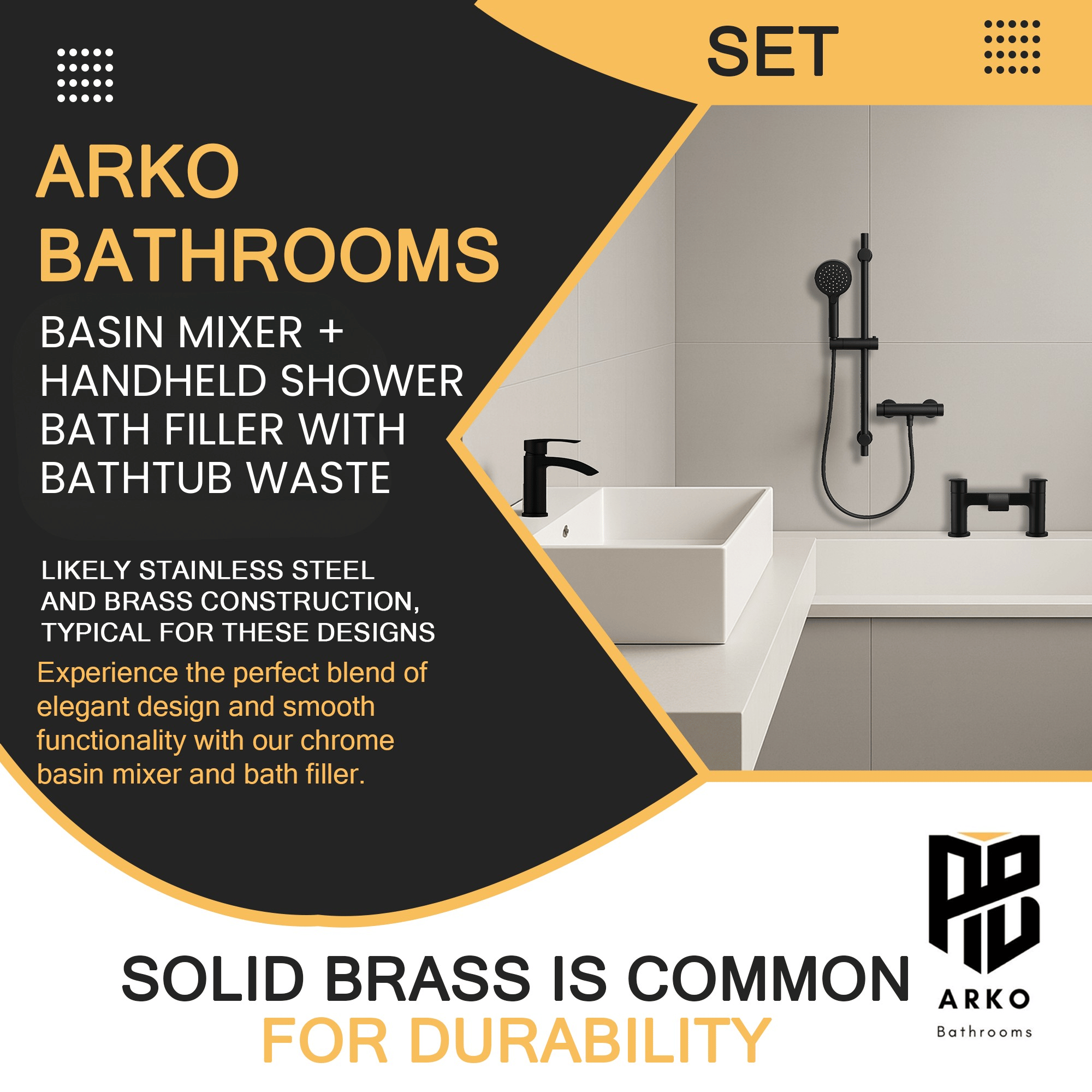 ARKO Capri Basin Mixer Tap, Bath Filler & Handheld Shower Set with Bath Waste – Black