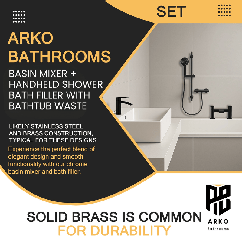 ARKO Capri Basin Mixer Tap, Bath Filler & Handheld Shower Set with Bath Waste – Black