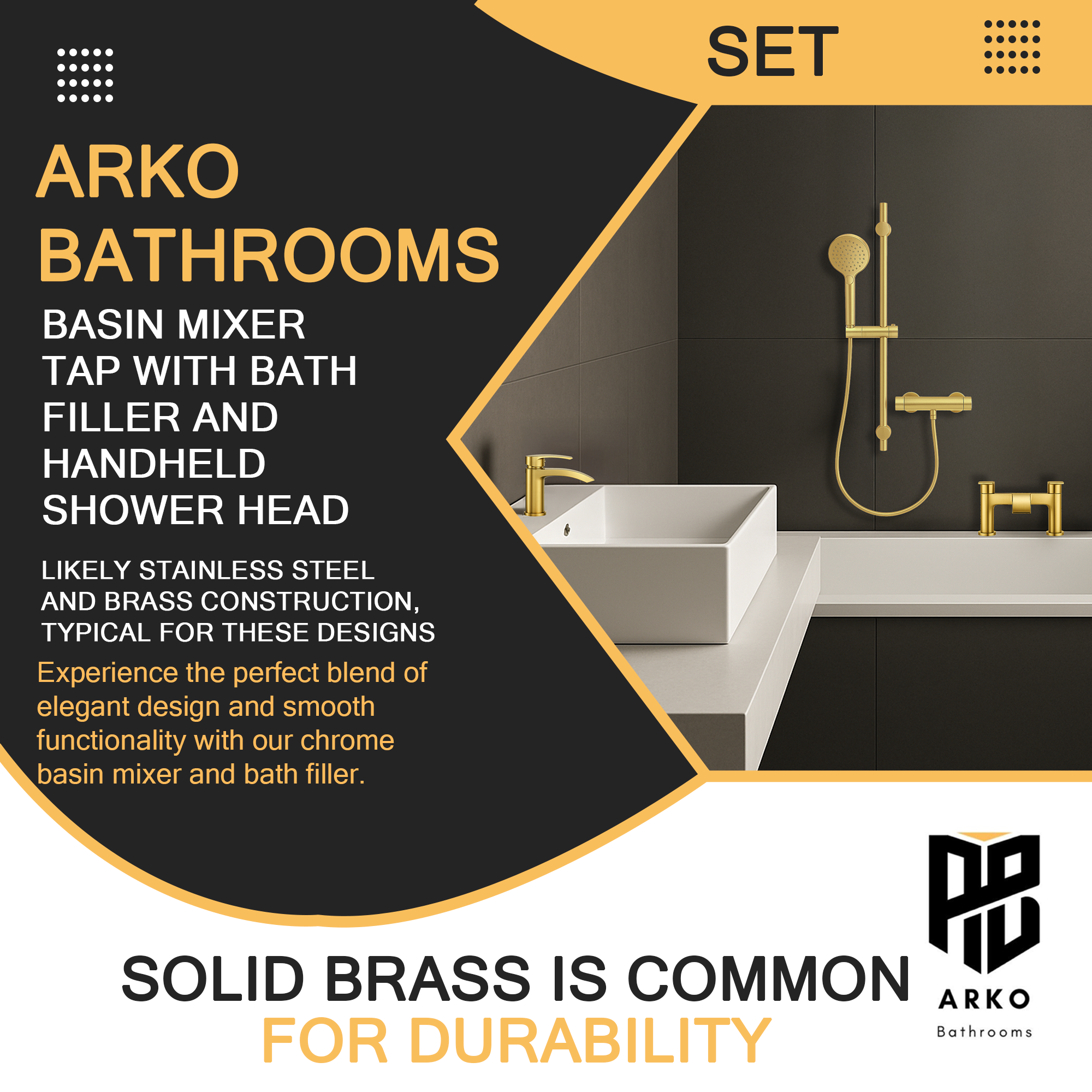 ARKO Capri Bath Filler & Hand Shower Set – Brass
