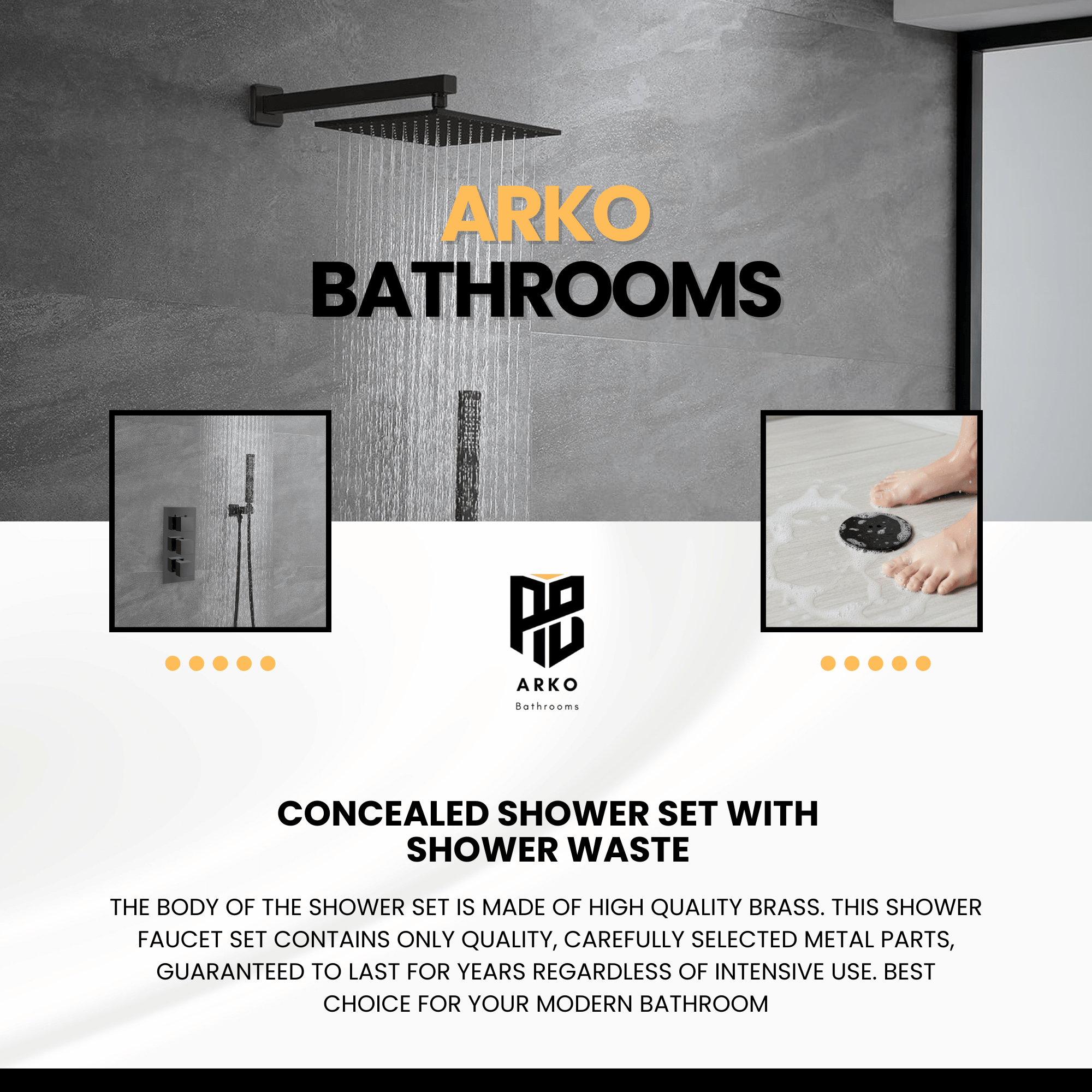 ARKO Square Concealed Thermostatic Shower Mixer 2 Dial Twin Head with Valve, Handset & Shower Waste – Black