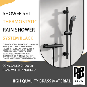 Arko Thermostatic Shower Mixer with Adjustable Riser Kit Exposed Round Shower – Black