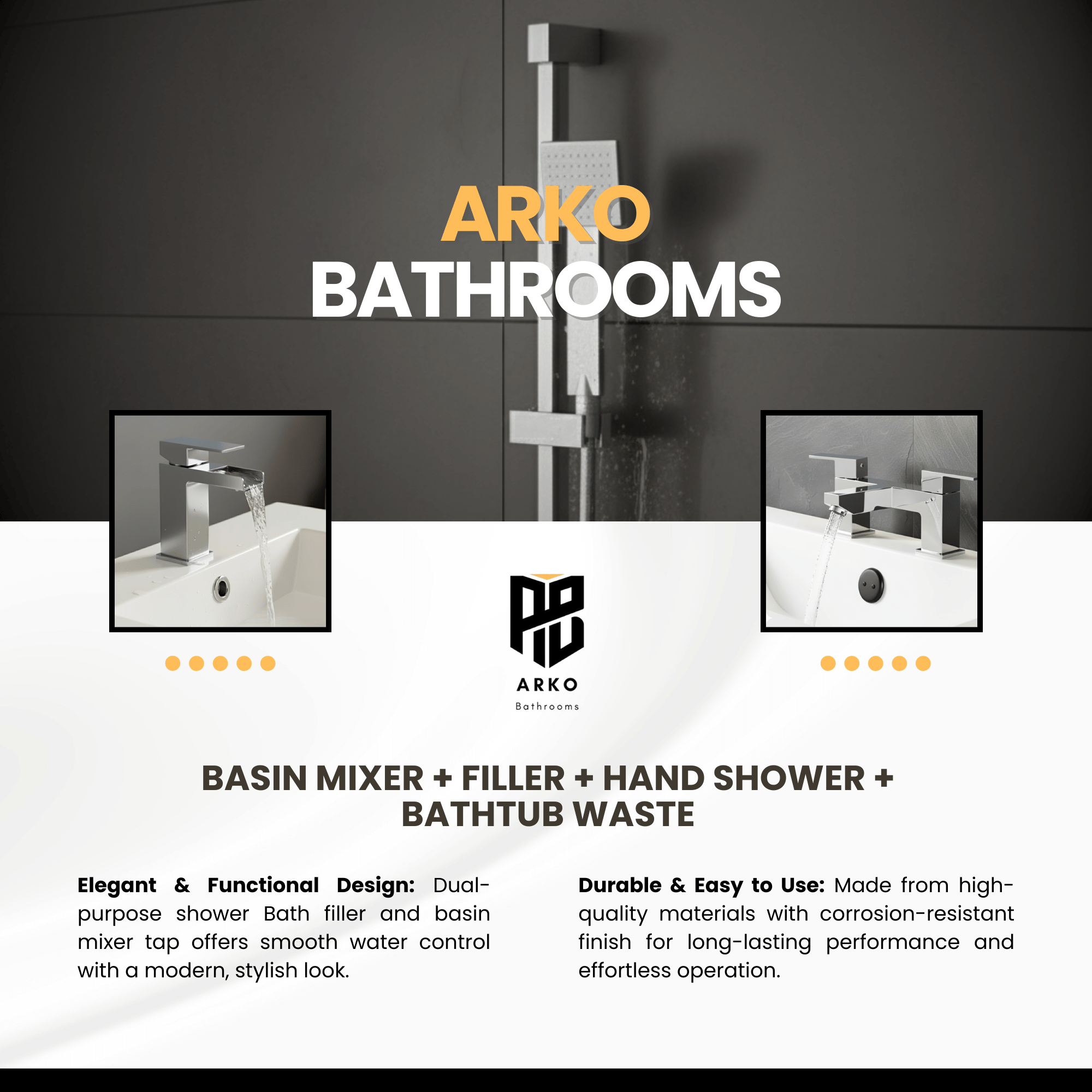ARKO Waterfall Basin Mixer Tap, Bath Filler & Handheld Shower Set with Bath Waste – Chrome