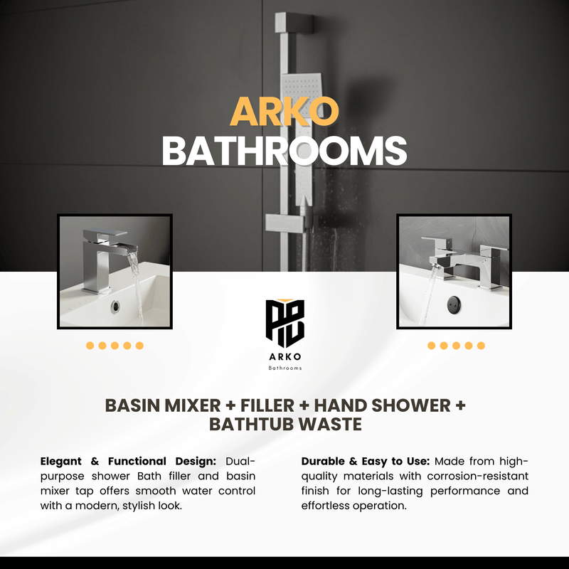 ARKO Waterfall Basin Mixer Tap, Bath Filler & Handheld Shower Set with Bath Waste – Chrome