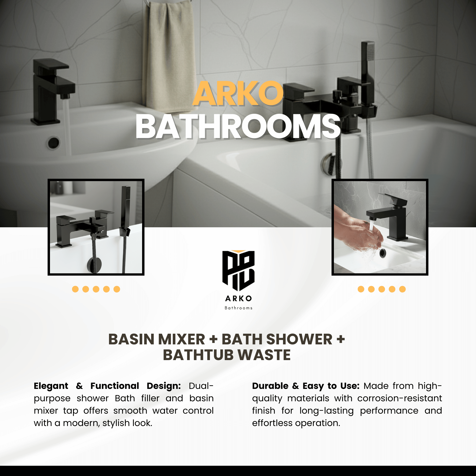Arko Verda Basin Mixer Tap & Bath Shower Set with Bath Waste – Black