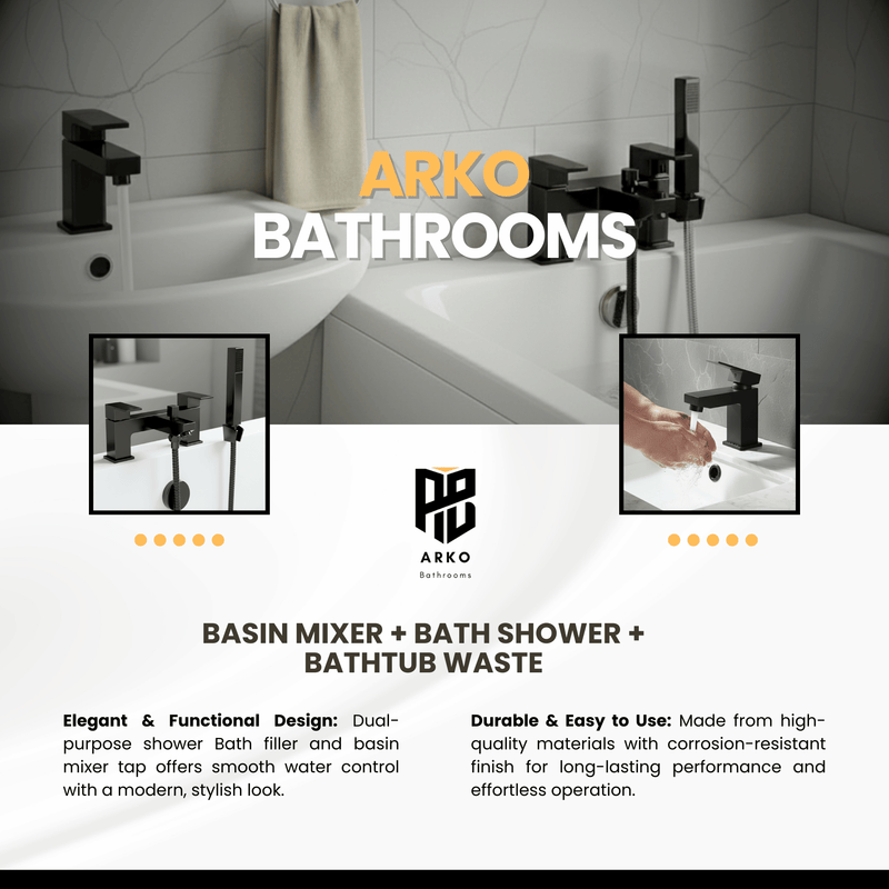 Arko Verda Basin Mixer Tap & Bath Shower Set with Bath Waste – Black