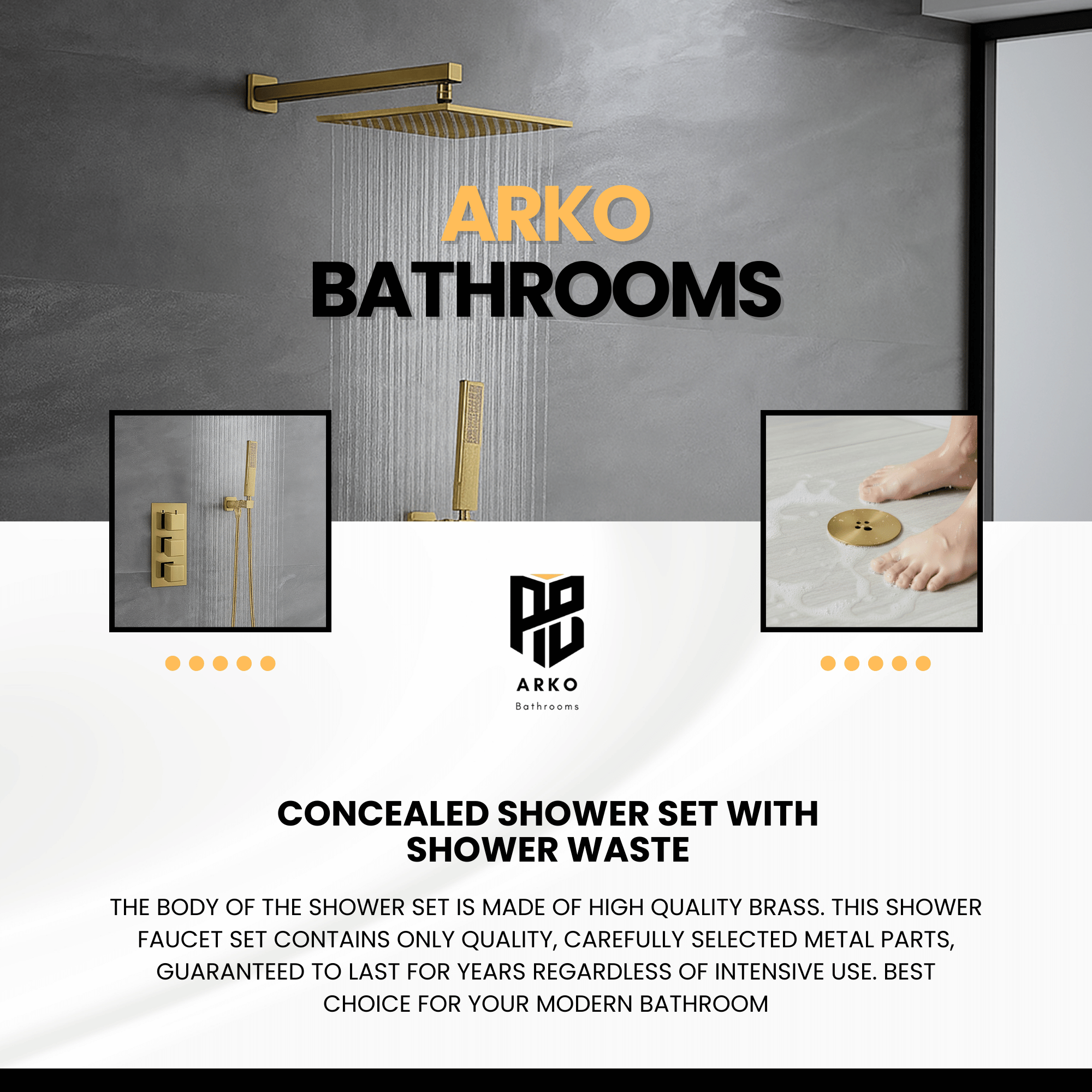 ARKO Square Concealed Thermostatic Shower Mixer 2 Dial Twin Head with Valve, Handset & Shower Waste – Brass
