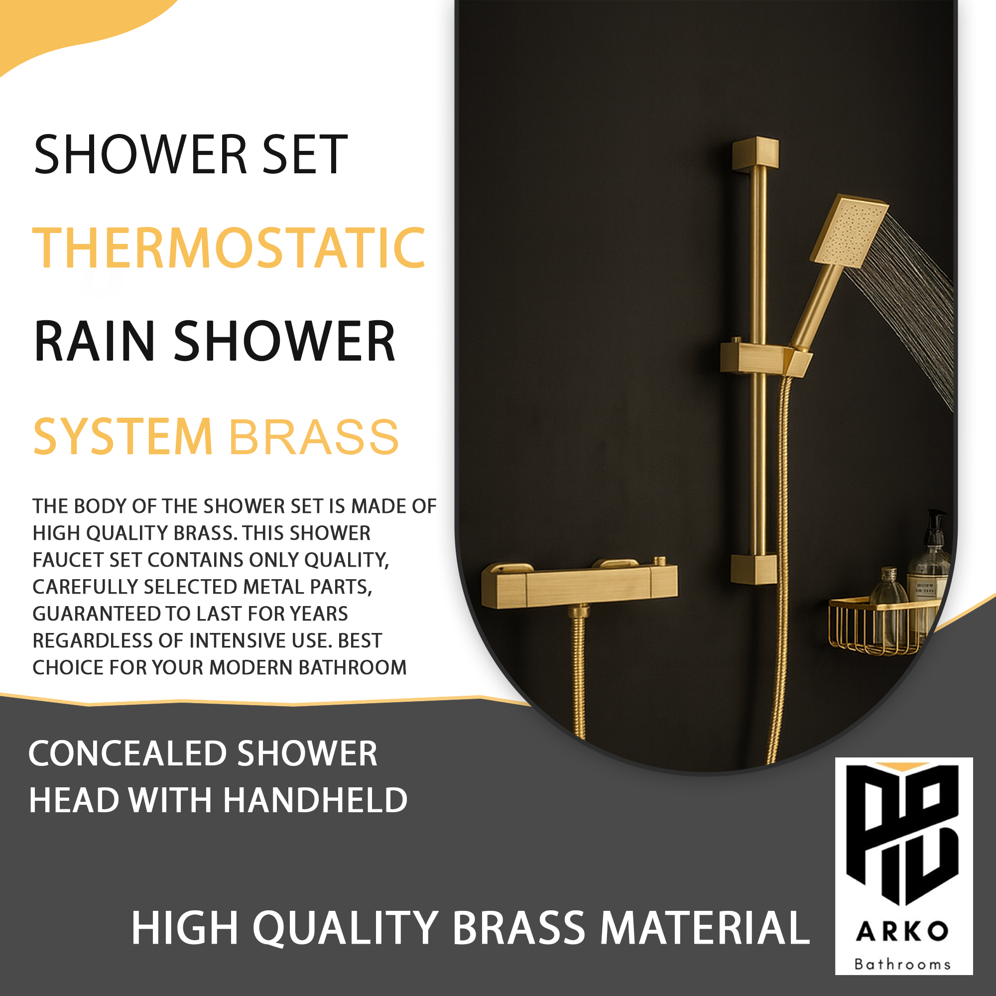 Arko Thermostatic Shower Mixer with Adjustable Riser Kit Exposed Square Shower – Brass