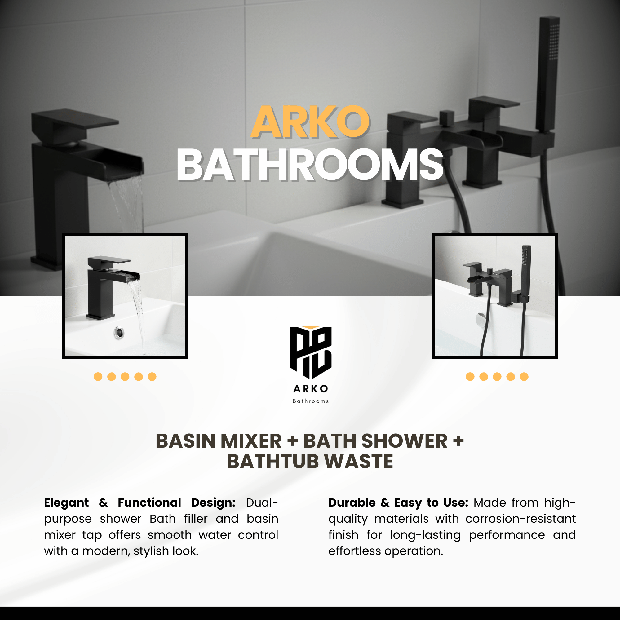 Arko Waterfall Basin Mixer Tap & Bath Shower Set with Bath Waste – Black