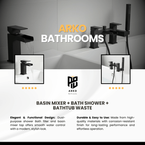 Arko Waterfall Basin Mixer Tap & Bath Shower Set with Bath Waste – Black