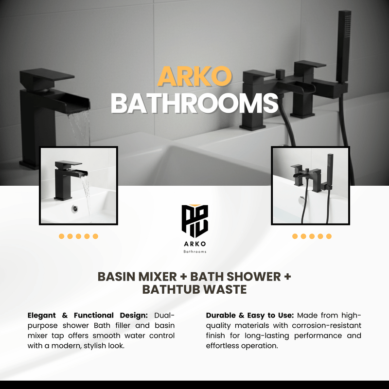Arko Waterfall Basin Mixer Tap & Bath Shower Set with Bath Waste – Black