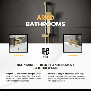 ARKO Verda Basin Mixer Tap, Bath Filler & Handheld Shower Set with Bath Waste – Brass