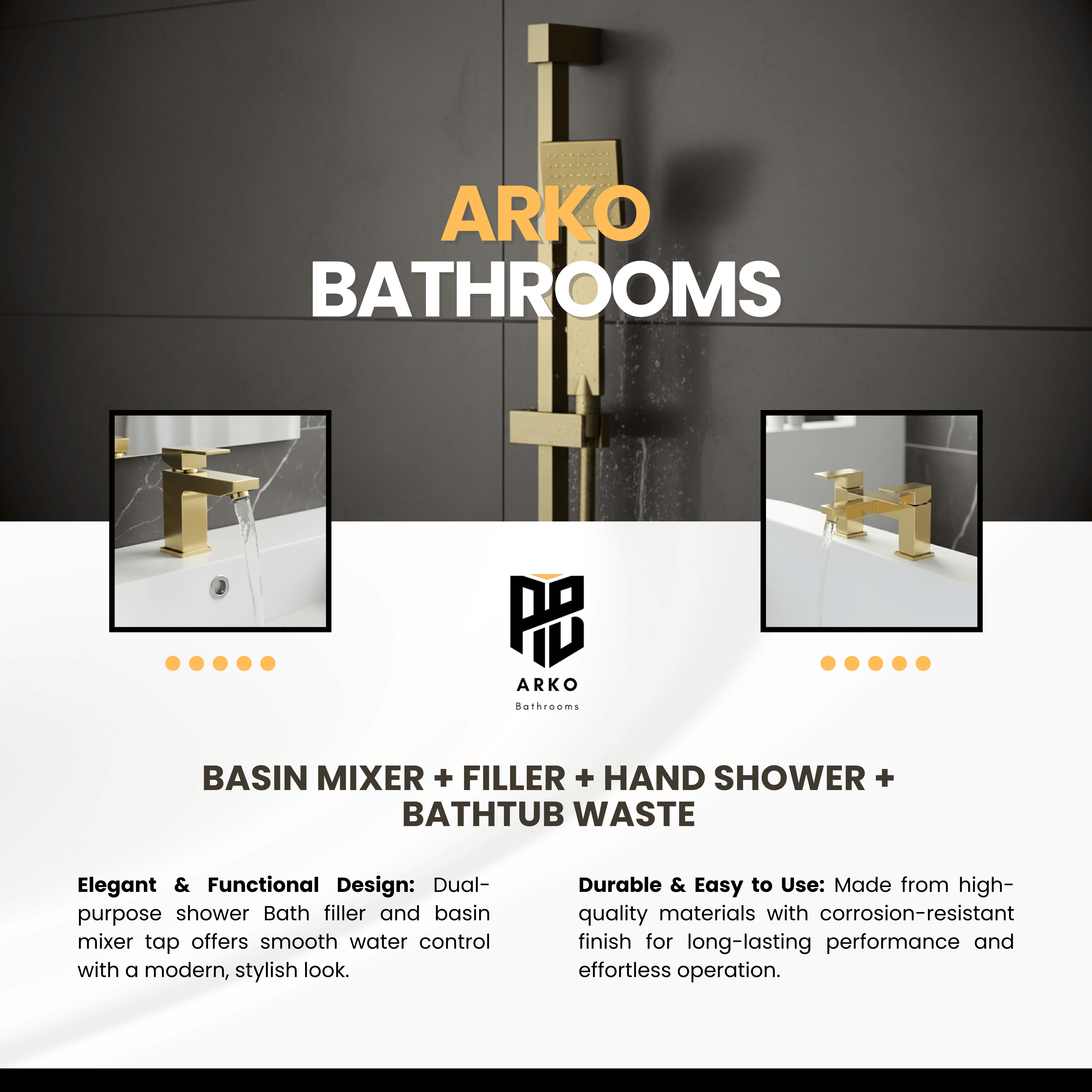 ARKO Verda Basin Mixer Tap, Bath Filler & Handheld Shower Set with Bath Waste – Brass