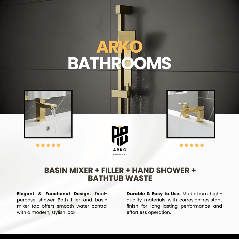 ARKO Verda Basin Mixer Tap, Bath Filler & Handheld Shower Set with Bath Waste – Brass