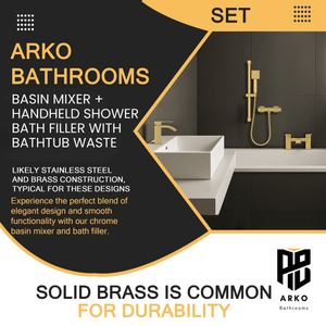 ARKO Vista Basin Mixer Tap, Bath Filler & Handheld Shower Set with Bath Waste – Brass