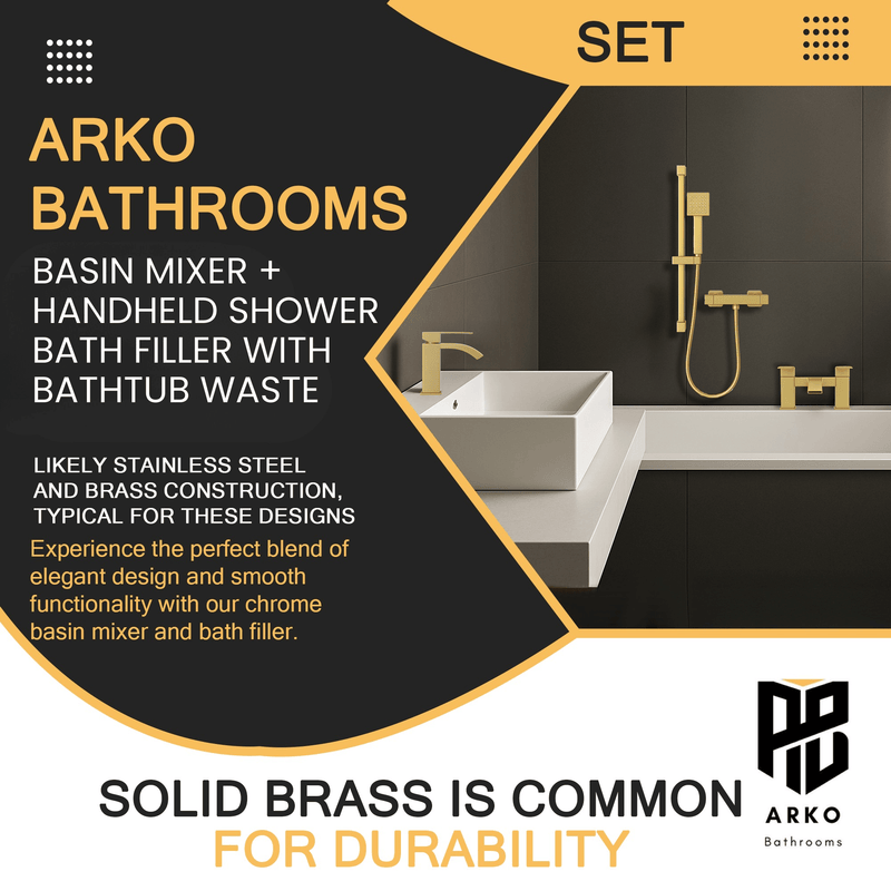 ARKO Vista Basin Mixer Tap, Bath Filler & Handheld Shower Set with Bath Waste – Brass