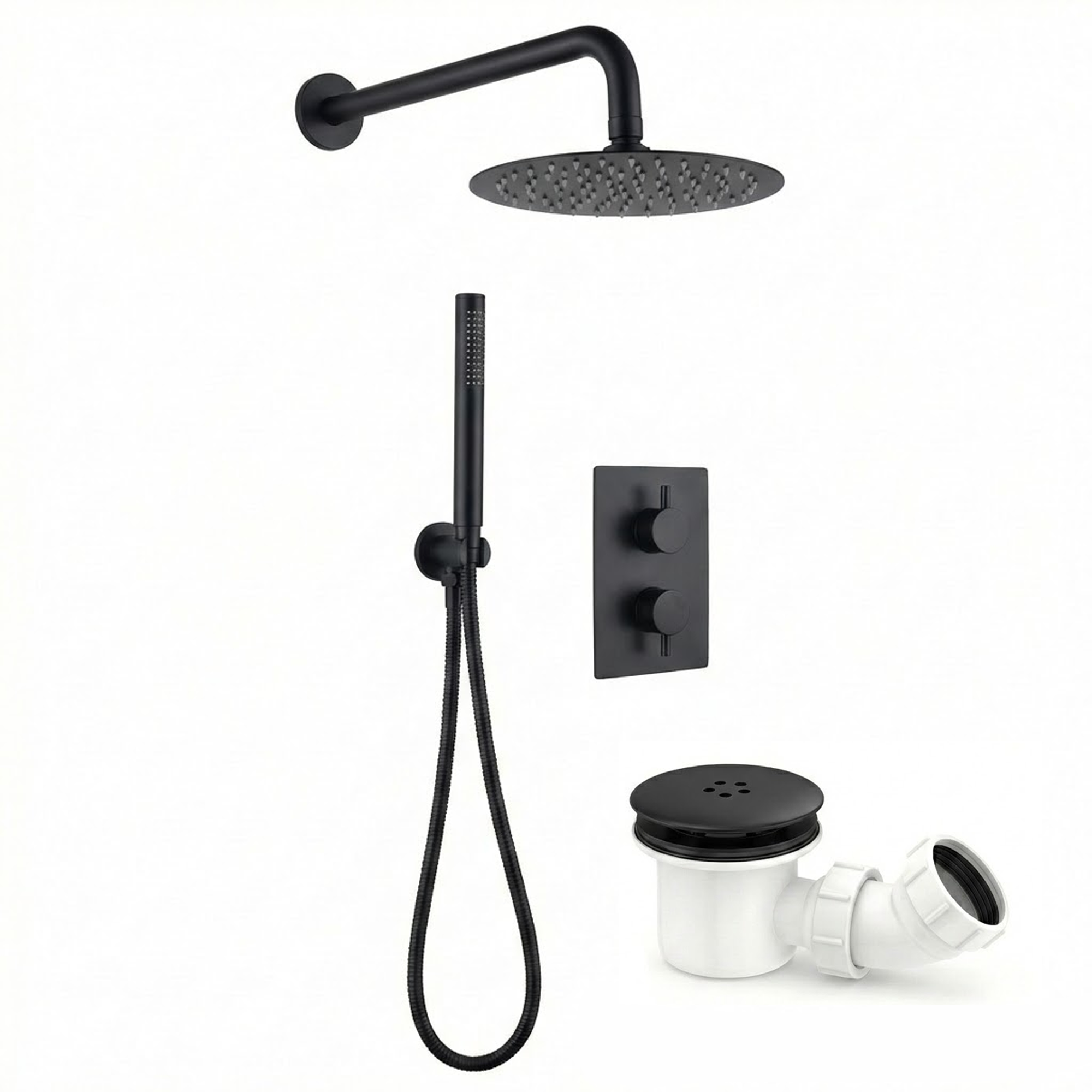 ARKO Round Concealed Thermostatic Shower Mixer 2 Dial Twin Head with Valve, Handset & Shower Waste – Black