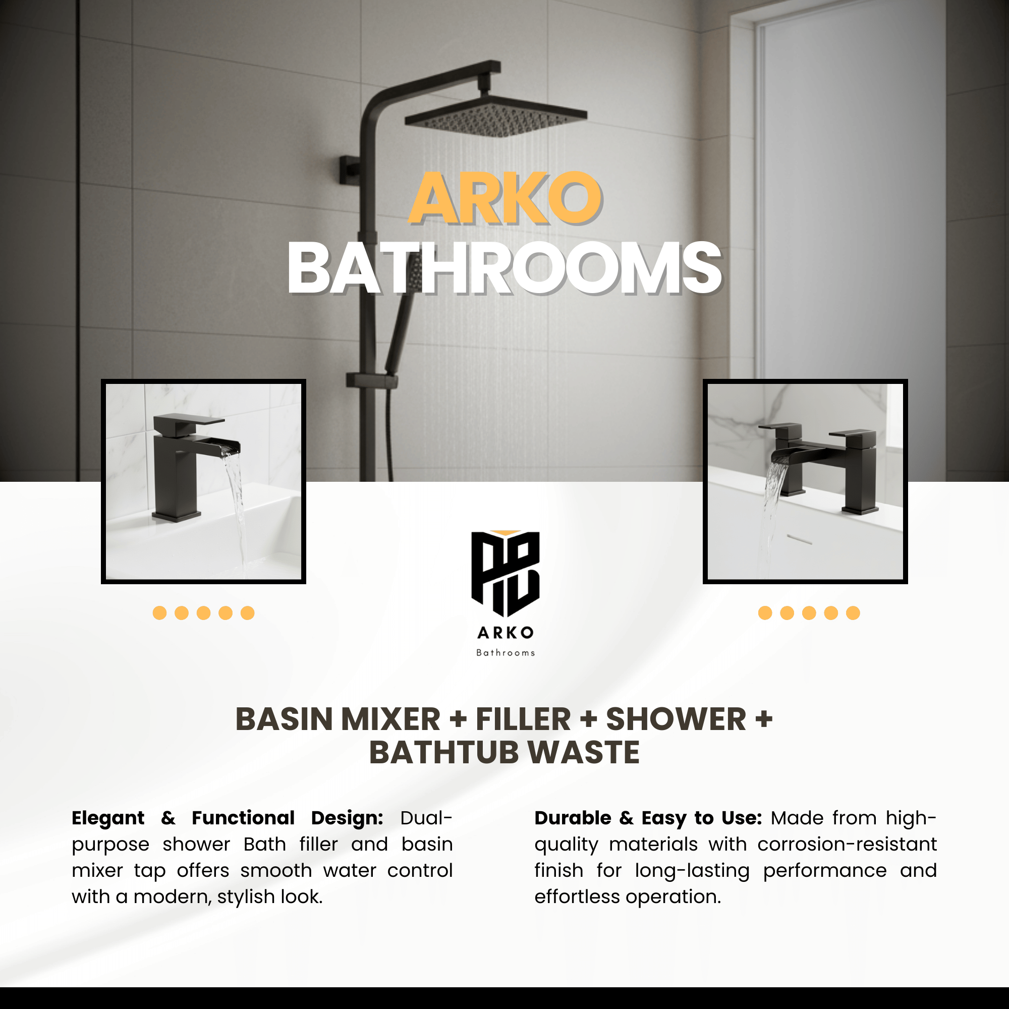 ARKO Waterfall Basin Mixer Tap, Bath Filler & Thermostatic Mixer Shower Set with Bath Waste – Black