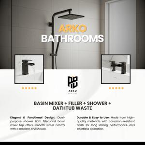 ARKO Waterfall Basin Mixer Tap, Bath Filler & Thermostatic Mixer Shower Set with Bath Waste – Black