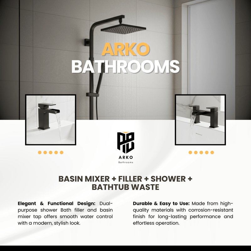 ARKO Waterfall Basin Mixer Tap, Bath Filler & Thermostatic Mixer Shower Set with Bath Waste – Black