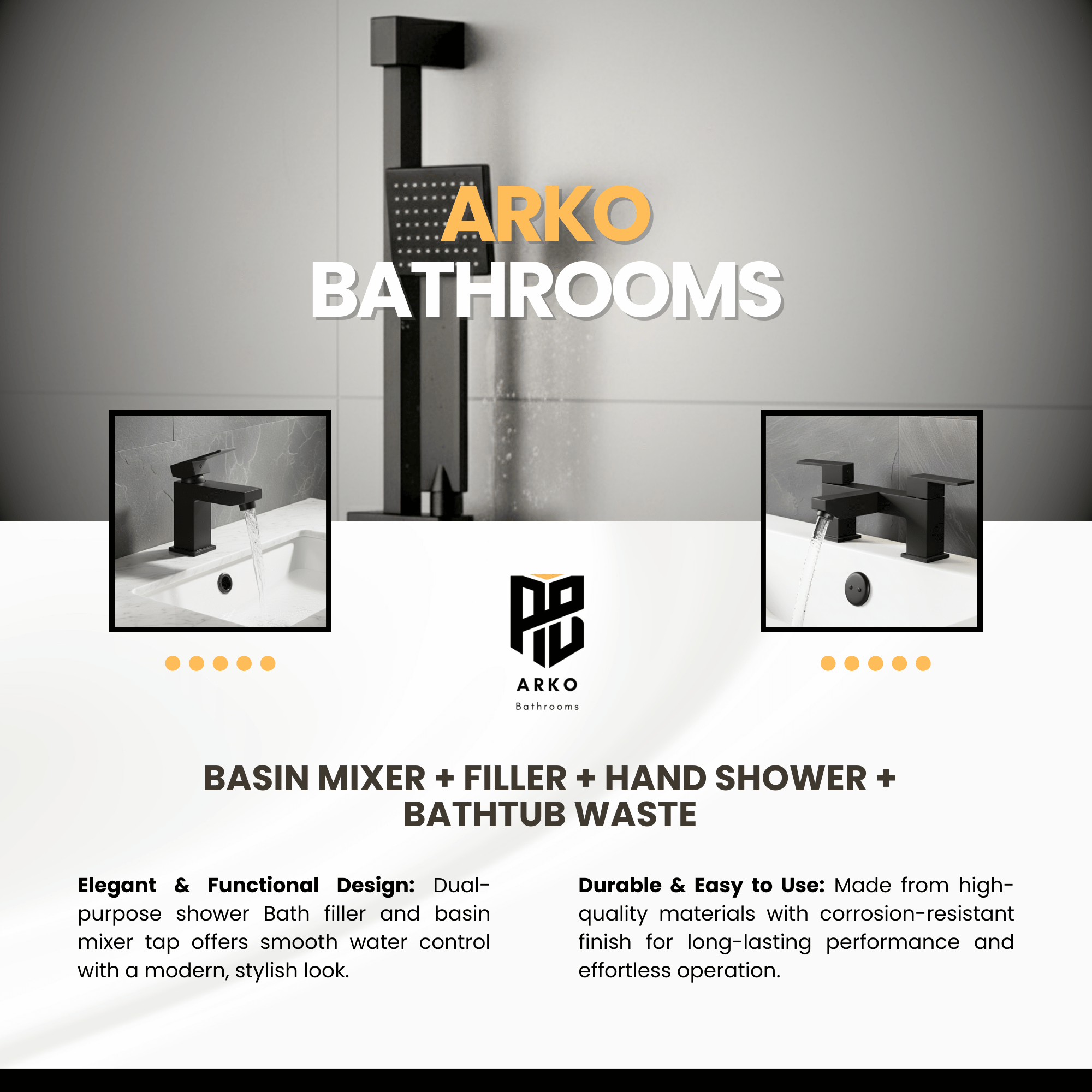 ARKO Verda Basin Mixer Tap, Bath Filler & Handheld Shower Set with Bath Waste – Black