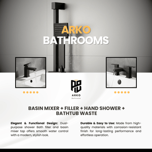 ARKO Verda Basin Mixer Tap, Bath Filler & Handheld Shower Set with Bath Waste – Black