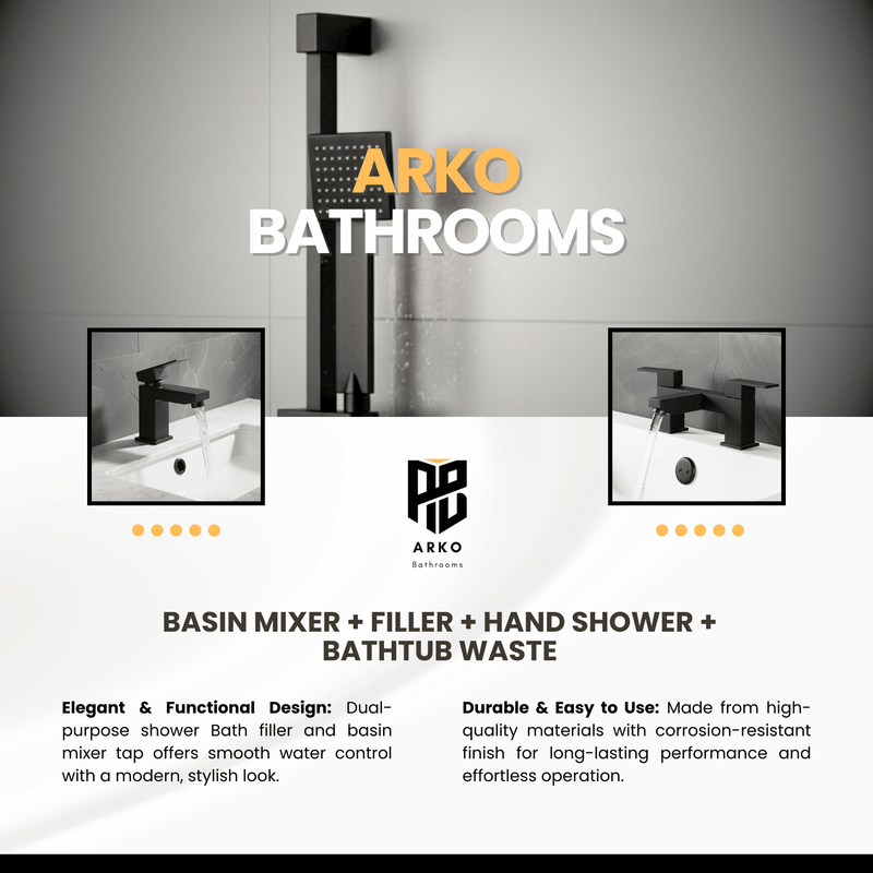 ARKO Verda Basin Mixer Tap, Bath Filler & Handheld Shower Set with Bath Waste – Black